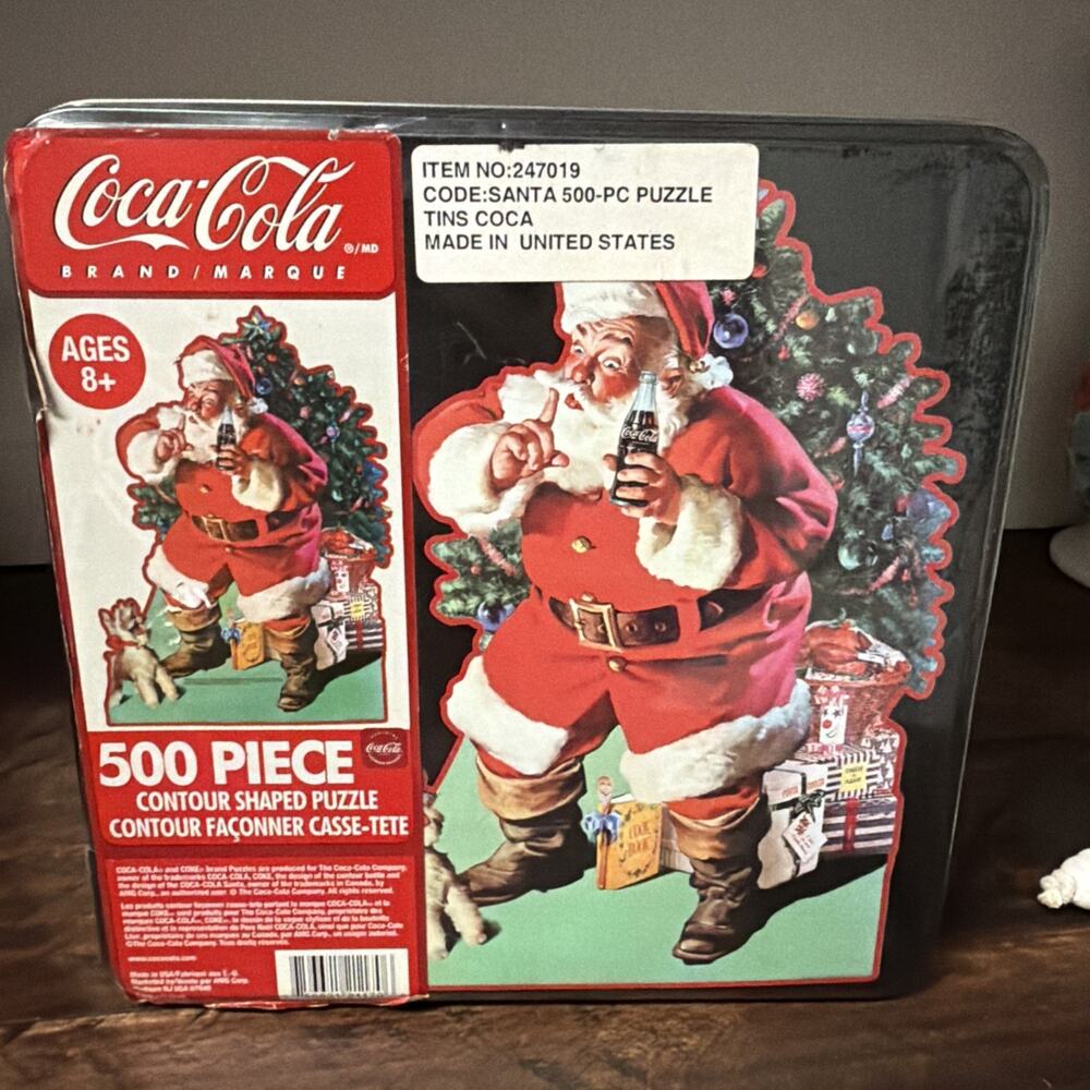 SEALED VINTAGE 1990s Coca Cola Tin 500 Piece Santa Contour Shaped Jigsaw Puzzle